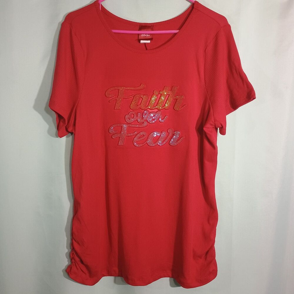 Faith Over Fear Graphic T Shirt Women Red Rhinestone Glitter Short Sleeve Top
